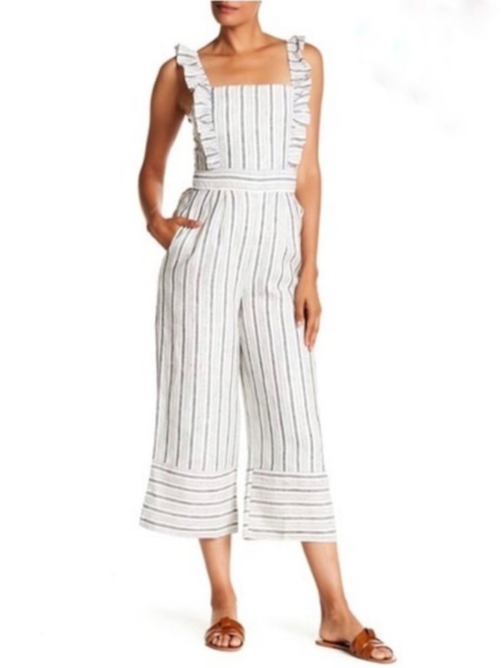 Striped Ruffle-Shoulder Cropped Jumpsuit in White